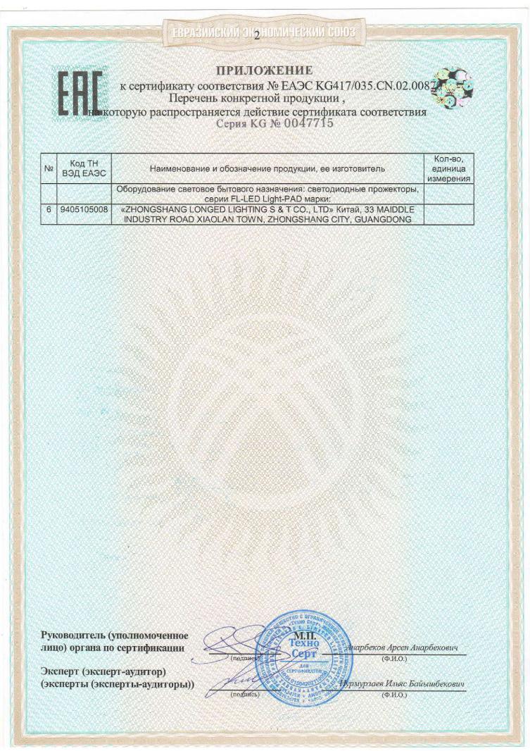 Сертификат № Светодиодные прожекторы. Приложение 2